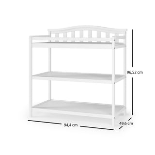 The Child Craft Arch Top Baby Changing Table in matte white features three tiers and a decorative curved top, measuring 96.52 cm high, 94.4 cm wide, and 49.6 cm deep—ideal for storing your baby's essentials while changing.