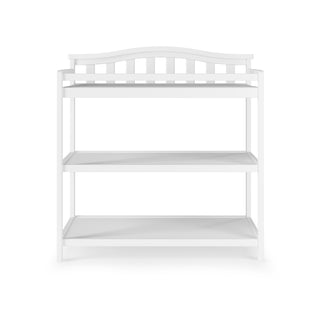 The Child Craft Arch Top Baby Changing Table in matte white features three open shelves and a curved slatted back, ideal nursery furniture, displayed on a plain white background.
