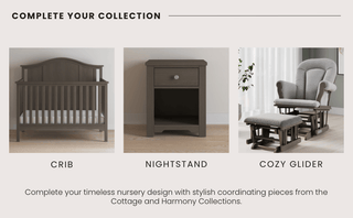 Three nursery furniture pieces are shown: a dark wood crib, matching nightstand, and the Child Craft Cozy Glider and Ottoman in Dapper Gray. Text encourages completing your nursery set with these stylish items.