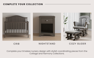 Three nursery pieces—a dark wood crib, matching nightstand, and gray glider with ottoman—create a classic look. Add the Child Craft Arch Top Baby Changing Table in Dapper Gray to complete your coordinated nursery setup.