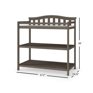 The Child Craft Arch Top Baby Changing Table in Dapper Gray features two shelves, a slatted back, and measures 38" tall, 37.2" wide, and 19.55" deep—perfect nursery furniture offering ample storage space.
