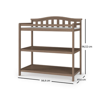 The Child Craft Arch Top Baby Changing Table in Dusty Heather features two open shelves, a slatted back, and measures 96.52 cm tall, 94.4 cm wide, and 49.6 cm deep—perfect nursery storage for your baby’s essentials.