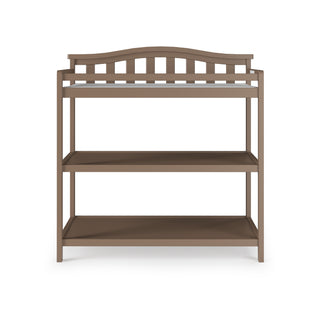 Child Craft Arch Top Baby Changing Table in Dusty Heather, shown from the front on a white background, features two open shelves, a slatted back design, and roomy storage—an essential nursery furniture piece.