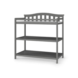 The Child Craft Arch Top Baby Changing Table in Cool Gray features two open shelves and a curved slatted back, displayed on a white background.