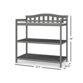 The Child Craft Arch Top Baby Changing Table in Cool Gray features two open shelves, a curved slatted back, side rails, and measures 38"H x 37.2"W x 19.55"D.