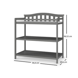 The Child Craft Arch Top Baby Changing Table in Cool Gray features three tiers, a slatted back, and raised sides. Dimensions: 96.52 cm tall, 94.4 cm wide, and 49.6 cm deep.