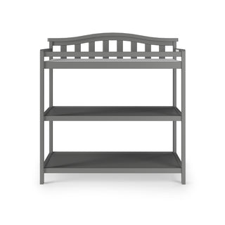 The Child Craft Arch Top Baby Changing Table in Cool Gray features an arched slatted back and two shelves, displayed against a white background.