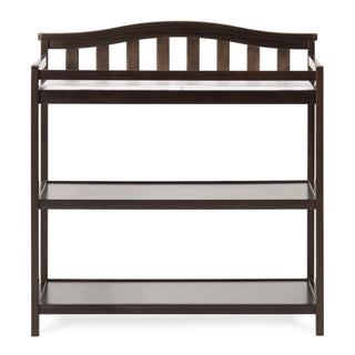 The Child Craft Arch Top Baby Changing Table in Slate is a dark brown wooden changer with three shelves and a curved, slatted backrest, shown front view on white—a stylish addition to your nursery furniture collection.