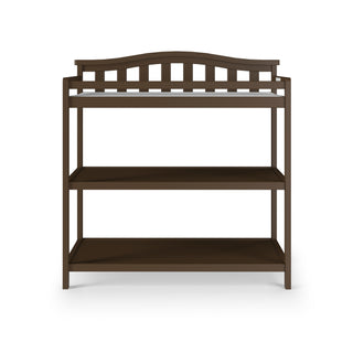 The Child Craft Arch Top Baby Changing Table in Slate offers two open lower shelves for storage and a decorative slatted back, combining style and practicality for your nursery.