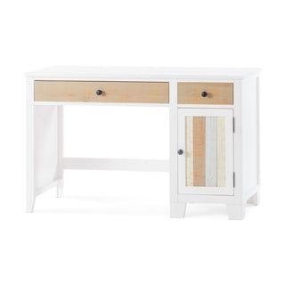 The Rockport Desk - Sandstone by Child Craft is a white wooden desk with modern lines, a large drawer, a small side drawer, a cabinet door with multicolored vertical wood slats, and black round knobs.
