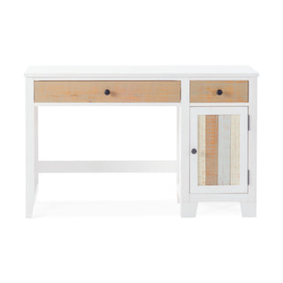 The Child Craft Rockport Desk - Sandstone features a white wooden frame with a wide drawer, a small drawer, and a cabinet door, all accented by a natural wood finish and round black knobs.