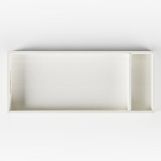 A top-down view of the Child Craft Legacy Changing Table Topper in Vintage Linen, featuring a white rectangular design with two compartments—one large on the left and a smaller one on the right—against a white background.
