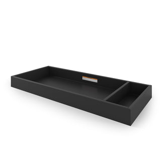 The Child Craft Legacy Changing Table Topper in Caviar Black is a low-profile, rectangular tray with an open top and a divider for two compartments, shown on a white background.