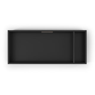 The Child Craft Legacy Changing Table Topper in Caviar Black features two sections with a vertical divider and a slim metallic handle on the larger side—ideal for organizing nursery items or pairing with a dresser for additional diaper changing space.