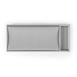 Top view of the Legacy Changing Table Topper by Child Craft, Matte White: a rectangular topper with a light gray cushion on the left and open storage on the right, adding modern versatility to your nursery.