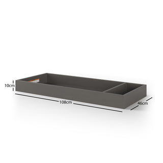 The Child Craft Legacy Changing Table Topper in Chelsea Gray is a rectangular, open-top storage box with a modern design, measuring 10 cm high, 108 cm wide, and 46 cm deep. Measurements are labeled on the edges.