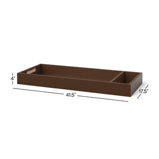 The Child Craft F01792 Universal Dressing Kit in Toasted Chestnut is a rectangular wooden changing topper with two compartments, measuring 41.5" W x 17.5" D x 4" H—perfect as a spacious nursery organizer with measurement labels on the sides.