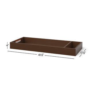 The Child Craft F01792 Universal Dressing Kit in Toasted Chestnut is a rectangular wooden changing topper with two compartments, measuring 41.5" W x 17.5" D x 4" H—perfect as a spacious nursery organizer with measurement labels on the sides.
