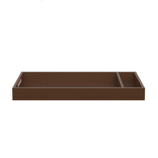 The Child Craft F01792 Universal Dressing Kit in Toasted Chestnut features a rectangular wooden tray with a divider for one large and one small compartment—ideal as a nursery dresser changing topper, shown from the side on a white background.