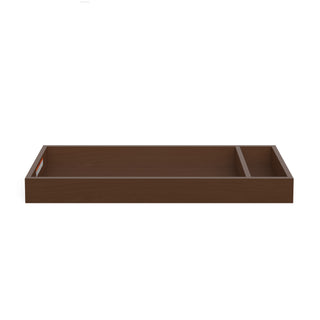 The Child Craft F01792 Universal Dressing Kit in Toasted Chestnut features a rectangular wooden tray with a divider for one large and one small compartment—ideal as a nursery dresser changing topper, shown from the side on a white background.