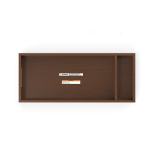 The Child Craft F01792 Universal Dressing Kit in Toasted Chestnut is a rectangular wooden changing tray with a dark brown finish, two compartments (one large, one small), and two warning labels in the larger compartment.