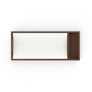 A top-down view of a rectangular wooden bed frame with a white mattress and an empty built-in bedside shelf, perfect for holding the Child Craft F01792 Universal Dressing Kit in Toasted Chestnut as a baby changing tray.