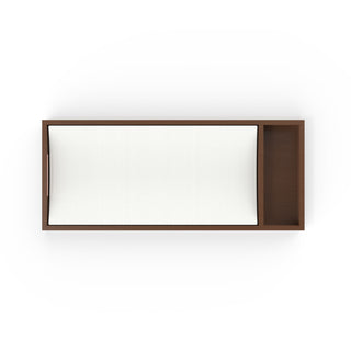 A top-down view of a rectangular wooden bed frame with a white mattress and an empty built-in bedside shelf, perfect for holding the Child Craft F01792 Universal Dressing Kit in Toasted Chestnut as a baby changing tray.