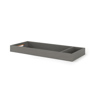 The Child Craft F01792 Universal Changing Table Topper in Lunar Gray is a rectangular wooden tray with two compartments, ideal for organizing essentials on your dresser or as a baby changing table topper. Photographed on a white background.