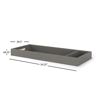 The Child Craft F01792 Universal Changing Table Topper in Lunar Gray measures 30.5"W x 44.25"H x 54.25"L, fits a dresser, and includes a divider for two compartments—ideal for organizing changing essentials.