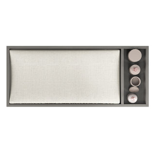 The Child Craft F01792 Universal Changing Table Topper in Lunar Gray features a large beige cushion on the left and four light pink containers on the right, creating an organized, stylish setup against a white background.