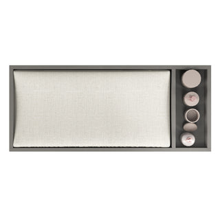 The Child Craft F01792 Universal Changing Table Topper in Lunar Gray features a large beige cushion on the left and four light pink containers on the right, creating an organized, stylish setup against a white background.