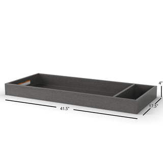 The Child Craft F01792 Universal Changing Table Topper in Midnight Gray is a rectangular wooden storage drawer with two compartments, measuring 41.5"L x 17.5"W x 4"H, designed to fit dressers or changing toppers.