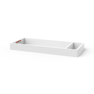 The Child Craft F01792 Universal Changing Table Topper in matte white features a rectangular design with two compartments—one large and one small—displayed on a plain white background.