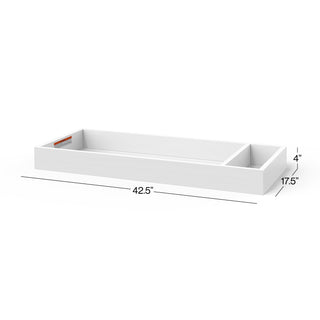 The Child Craft F01792 Universal Changing Table Topper in matte white features two compartments and measures 42.5" W x 17.5" D x 4" H—ideal as a dresser changing kit.