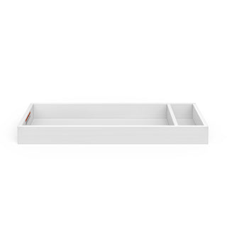 The Child Craft F01792 Universal Changing Table Topper in matte white, featuring a rectangular design with a divider for one large and one small compartment, is shown on a plain white background.