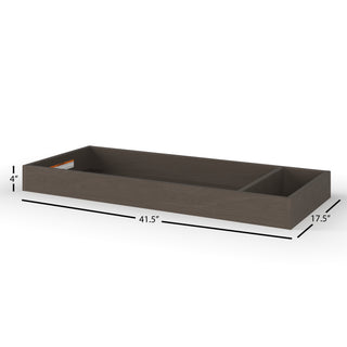 The Child Craft F01792 Universal Changing Table Topper in Dapper Gray is a rectangular wooden storage drawer with a divider, perfect as a dresser top changing tray. Measures 41.5" L x 17.5" W x 4" H; shown on white background with dimension labels.