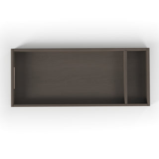 The Child Craft F01792 Universal Changing Table Topper in Dapper Gray features a rectangular design with two sections: a large left compartment and a smaller right compartment, as seen from above.