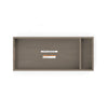 Child Craft F01792 Universal Dressing Kit in Crescent Grey: rectangular wooden topper with two compartments (large and small), viewed from above. Warning/info labels inside larger compartment; surface has a light brown wood grain finish.
