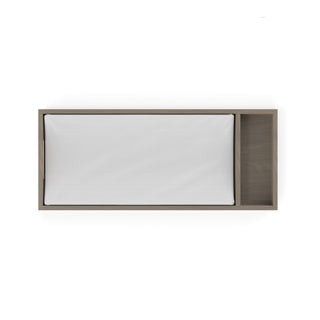 Top view of the Child Craft F01792 Universal Dressing Kit in Crescent Grey, featuring a white checkered mattress and attached open wooden storage, designed to fit a dresser changing topper, shown against a white background.