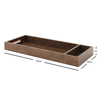 The Child Craft F01792 Universal Changing Table Topper for Dresser in Cocoa Bean features two compartments (one larger, one smaller) and measures 105x44x10 cm, offering a stylish dark brown finish for convenient baby changing.