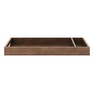 The Child Craft F01792 Universal Changing Table Topper for Dresser in Cocoa Bean is shown from the front against a white background, featuring two compartments—one large and one small.