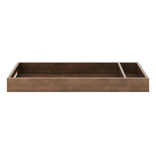 The Child Craft F01792 Universal Changing Table Topper for Dresser in Cocoa Bean is shown from the front against a white background, featuring two compartments—one large and one small.