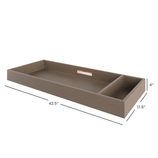 The Child Craft F01792 Universal Changing Table Topper in Dusty Heather is a rectangular wooden dresser tray with divider, measuring 42.5" W x 17.5" D x 4" H—ideal for diaper changes with organized storage sections.