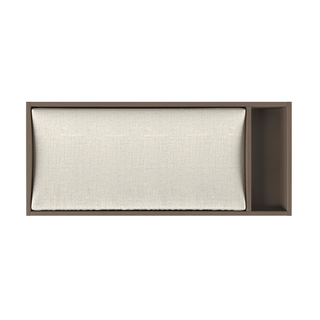 A top-down view of the Child Craft F01792 Universal Changing Table Topper in Dusty Heather shows a modern wooden design with a light beige cushion for diaper changes on the left and an open rectangular storage compartment on the right. Minimal and clean style.