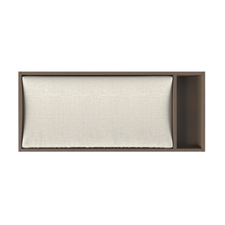 A top-down view of the Child Craft F01792 Universal Changing Table Topper in Dusty Heather shows a modern wooden design with a light beige cushion for diaper changes on the left and an open rectangular storage compartment on the right. Minimal and clean style.