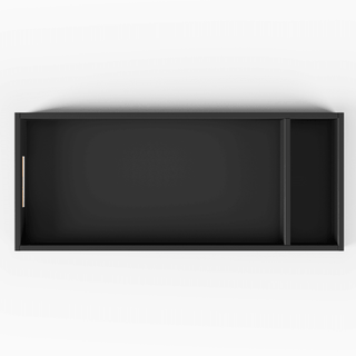 A top-down view of the Child Craft F01792 Universal Changing Table Topper in Ebony, featuring a rectangular shape, wooden handle on the left, and a single divider creating a smaller right compartment.