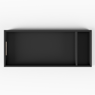 A top-down view of the Child Craft F01792 Universal Changing Table Topper in Ebony, featuring a rectangular shape, wooden handle on the left, and a single divider creating a smaller right compartment.