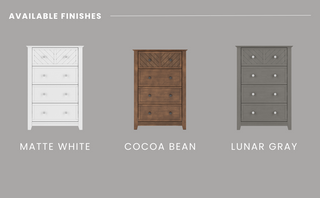 The Child Craft Atwood 4-Drawer Chest is shown in lunar gray, matte white, and cocoa bean finishes against a gray background labeled Available Finishes. Each chest features four drawers and a decorative top panel.