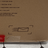 Close-up of a cardboard box for the Child Craft Atwood 4-in-1 Convertible Crib, Lunar Gray, showing shipping info, dimensions, weight, and an envelope icon with motion lines. Red tape is visible at the bottom of the box.