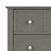 A close-up of the Child Craft Atwood 4-Drawer Chest in Lunar Gray highlights the corner, two drawers with geometric white knobs, and diagonal grooves on the top drawer.